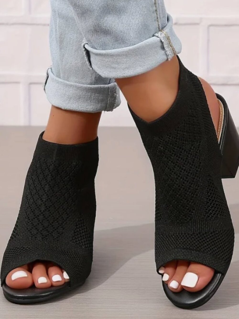 Black Perforated Leather Women's Open-Toe Peep Euro soft Block Heel Shoe Sandal